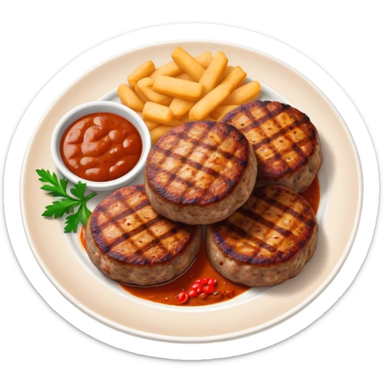 Cinematic Realistic image of Turkish Köfte, presented as perfectly formed, spiced meat patties with detailed textures and subtle grill marks, arranged artfully on a simple plate and illuminated by warm, appetizing lighting that accentuates their savory appeal. sticker