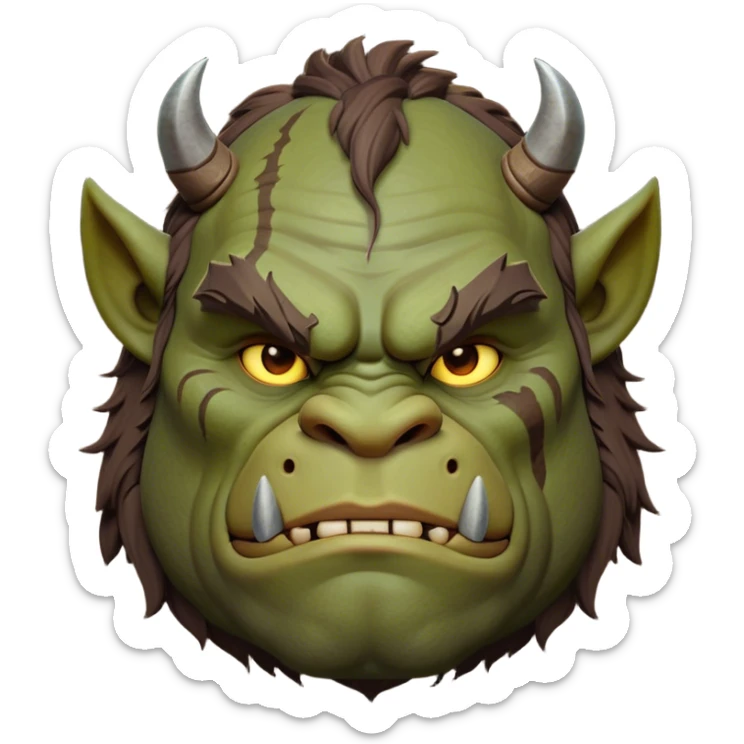 Cinematic Noble Ogre Portrait Emoji, Majestic and imposing, with a rugged, muscular form in deep earthy greens and browns, adorned with battle scars and subtle tribal markings, exuding calm, noble strength and unexpected wisdom, simplified yet strikingly detailed, glowing with a shadowy outline that captures the essence of a gentle giant with fierce heart! sticker