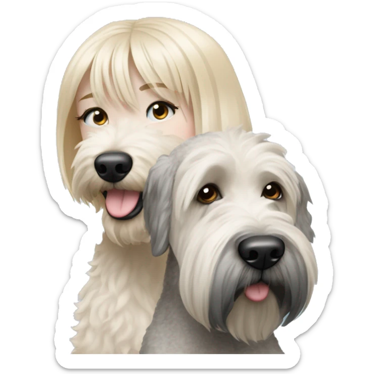 pretty woman blonde hair blue eyes hugging a white and gray soft coated wheaten terrier dog with bangs over one dog eye sticker