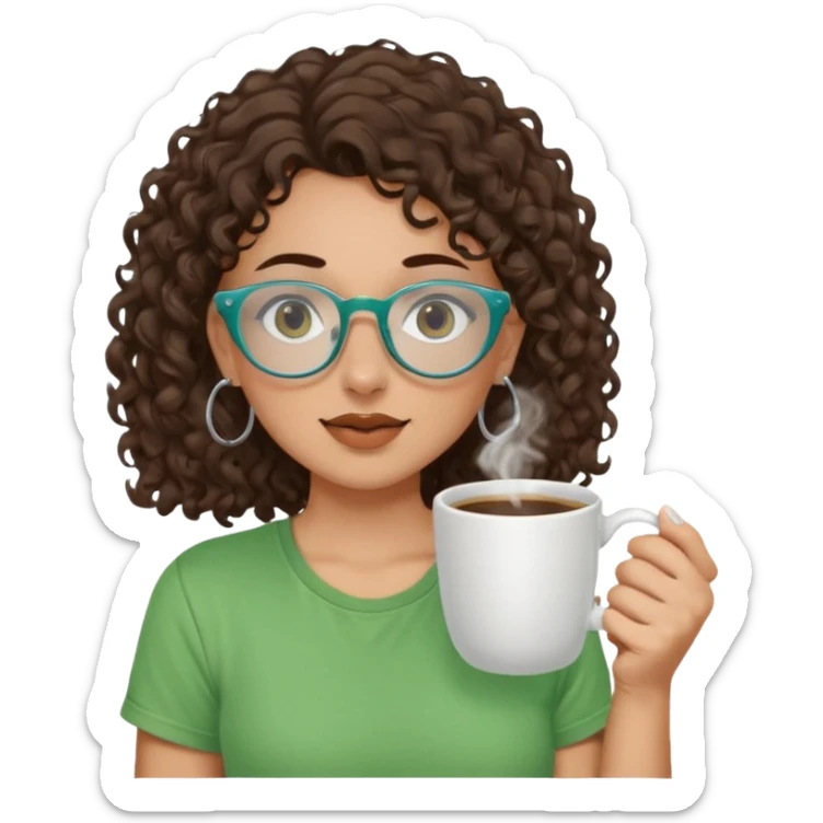 White girl with dark brown curly hair, brown eyes, sky blue glasses, nose piercing septum, green t shirt, drinking coffee from a cup sticker