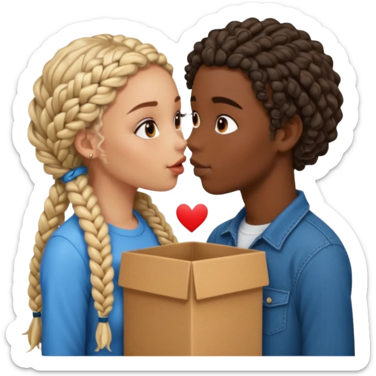 darkskin girl with box braids kissing light skin boy with curly hair sticker
