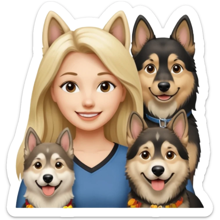 a lady, blonde long hair with 2 german shepards and one black and white alaskan malanute sticker