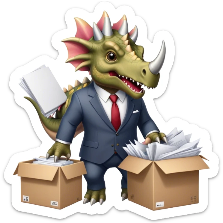 angry office triceratops in a suit holding a huge boxe bursting with a lot of documents and papers sticker