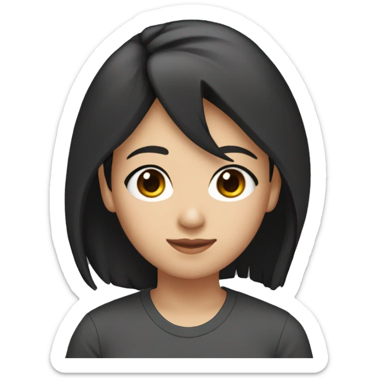 A head and shoulders shot of a 32 year old Asian woman, with long black hair,   with brown eyes wearing a t-shirt. sticker