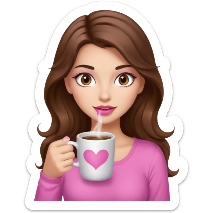 girl with long wavy brown hair, brown eyes, long lashes makeup, sexy pink lips, light to medium complexion, pink sexy top, with a hot coffee mug sticker