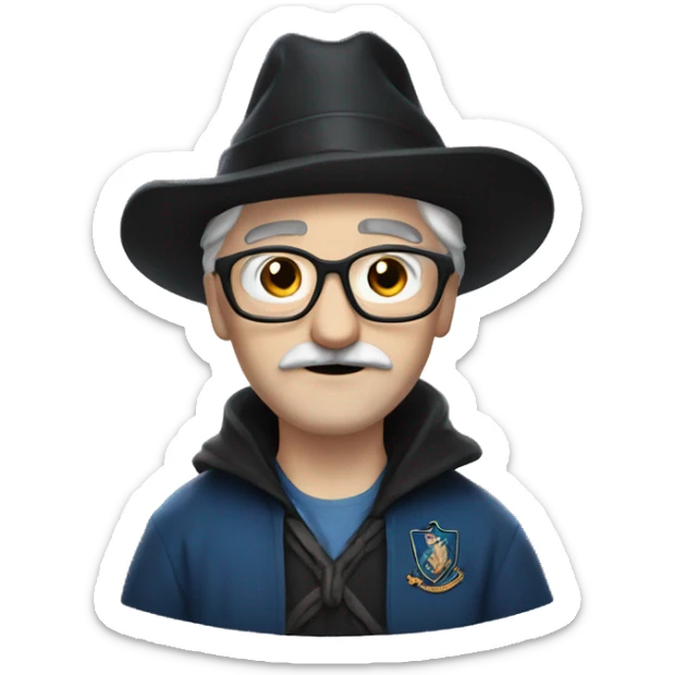 man with white skin,hair is straight and black, a black mustache, glasses, with a magic hat, ravenclaw sticker