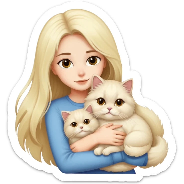 pretty girl with dark long hair hugging her blonde fluffy persian cat  sticker