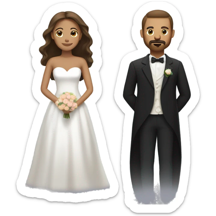 Wedding couple with woman with tan skin, black shoulder length and white man with brown hair, beard moustache sticker