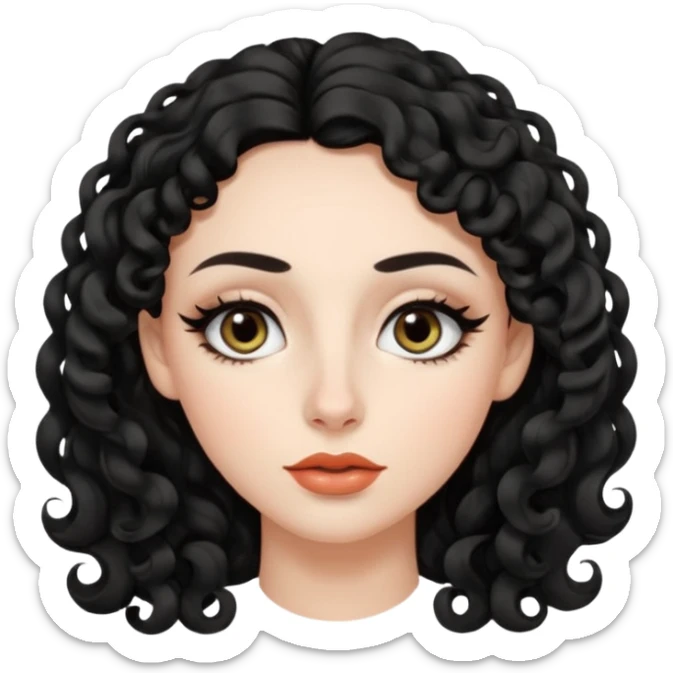 persona mujer con piel clara y rizos suaves color negro y largos  y sin volumen y con delineador en los ojos y con los labios medianos, ojos almendrados y nariz respringada y el fondo blanco sticker