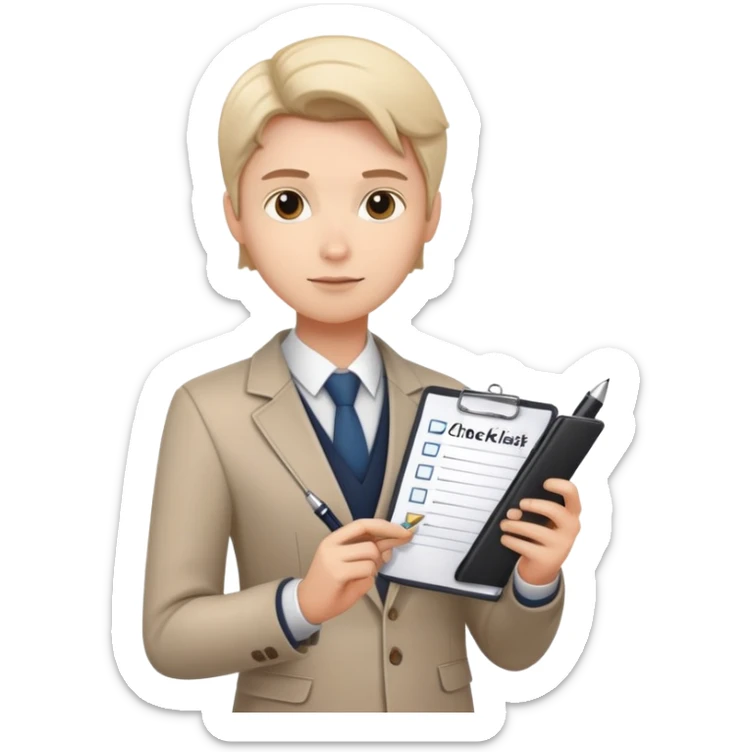a person holding a checklist and pen, wearing smart casual clothing. The character is in a focused pose sticker