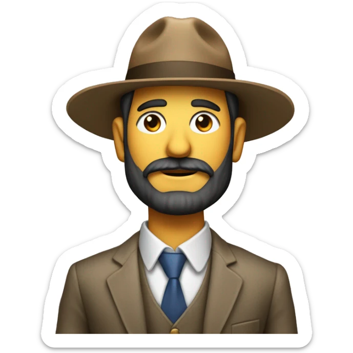 Un señor con barba,traje y camisa con barba portando un sombrero cuyo frente tiene el logotipo de jw.org sticker