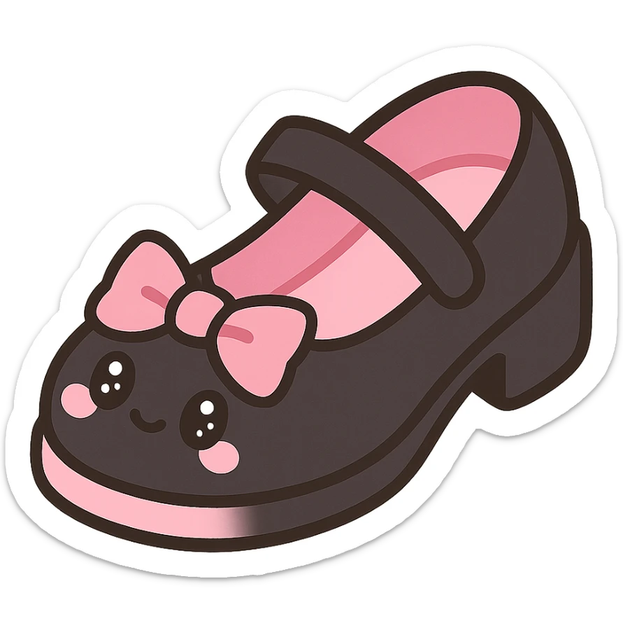 BLACKPINK-inspired gothic shoes, no hearts, black and pink, cute and stylish, kawaii style, mary jane shoes with bows, pastel yellow accents sticker