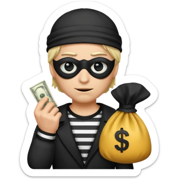 a short ios emoji-style portrait of a classic burglar, a black eye mask and a black-and-white striped shirt. emoji-like hair, black hat, ONE bag of money 💰 with a dollar sign in a right corner, evil expression WITHOUT a hand  sticker