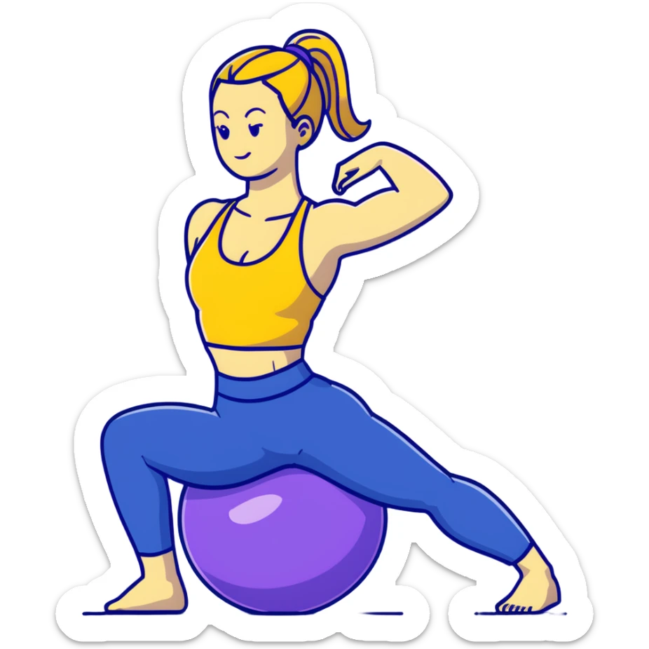 Yellow-skinned girl with high ponytail wearing blue sports bra and navy yoga pants doing yoga with a large exercise ball sticker