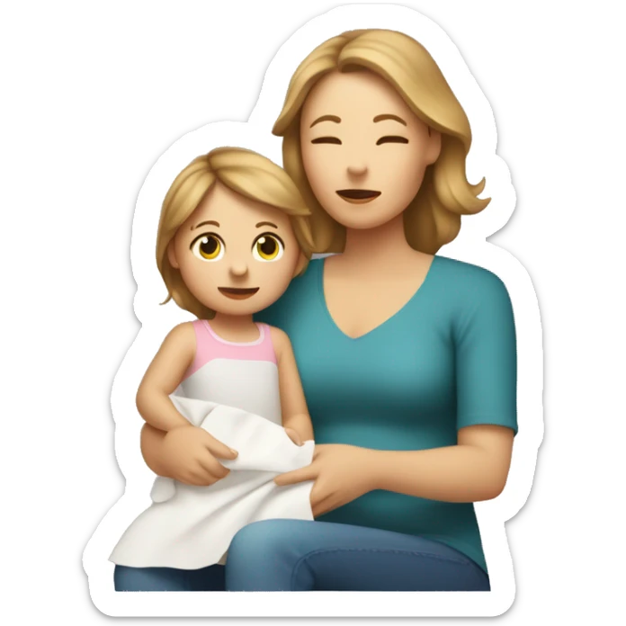 White mom with light brown hair two year-old daughter with light brown hair holding a napkin to her nose sitting on her mom’s lap sticker