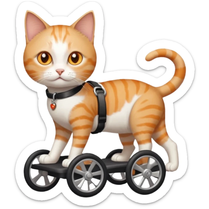 full body small short hair ginger and white cat with orange eyes walking in a wheelchair for cats sticker