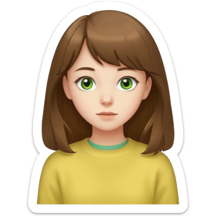 please create an emoji of a semi pale girl with long brown hair with a thin bang, green eyes, wearing a pastel yellow sweater sticker