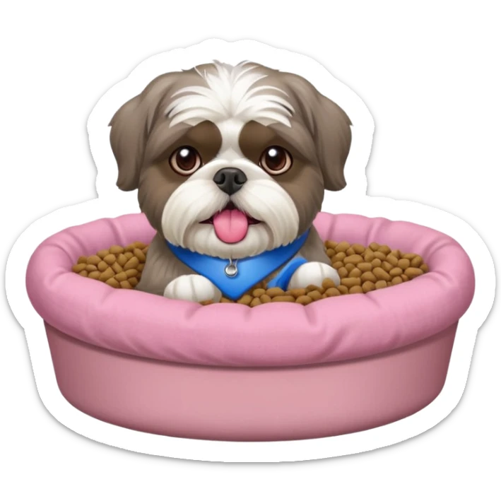 old ALL grey shih tzu in pink dog bed tongue hanging out near bowl of food sticker