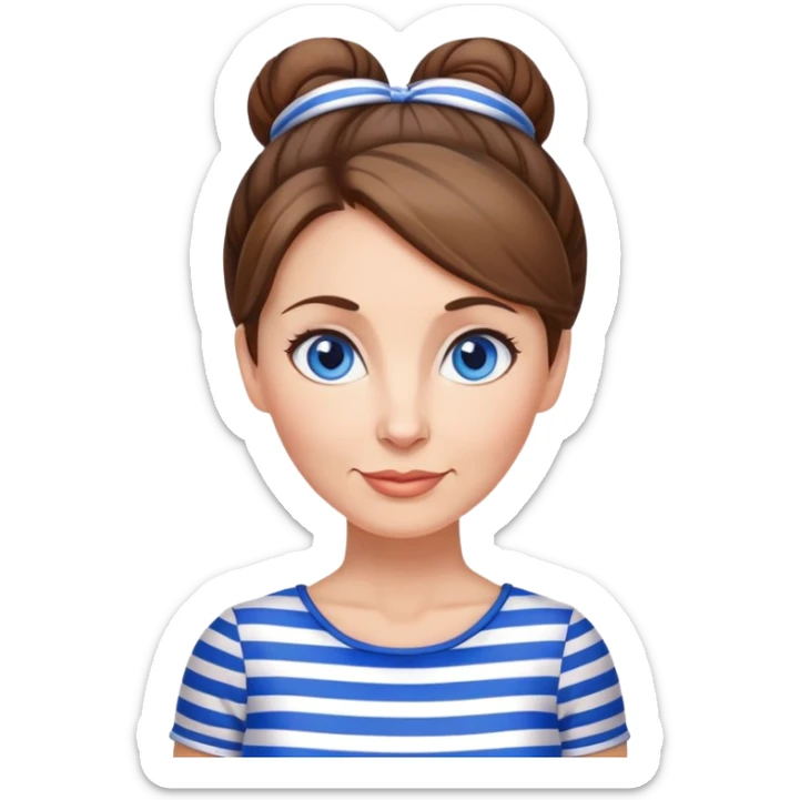Pretty 50-year-old woman with blue and white striped miniskirt brown hair in bun blue eyes sticker