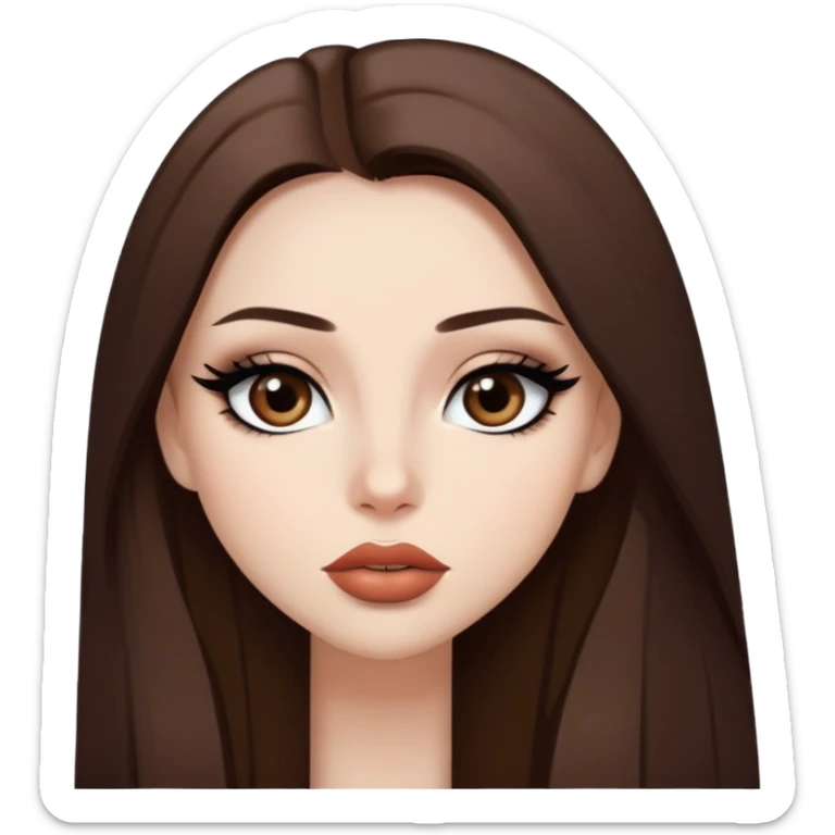 pretty baddie, brown straight hair, cute lips, pale skin, long hair, dark brown eyes, bold black eyeliner sticker