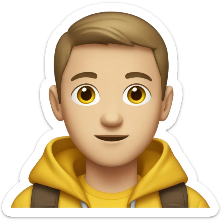 a young white boy with short brown hair (a buzzcut) and brown eyes with yellow hoodie sticker