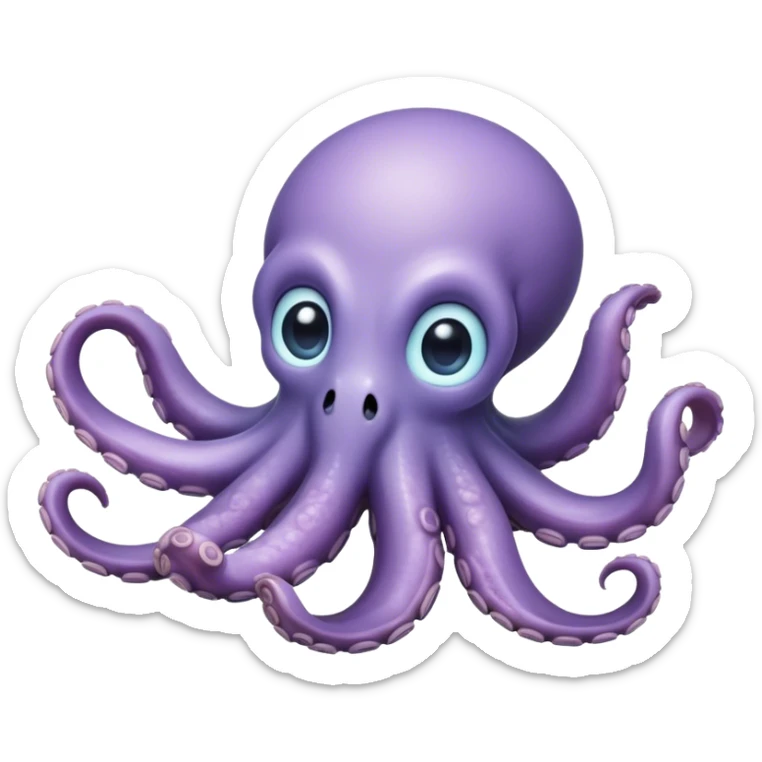 Meme-Worthy Floating Baby Octopus Portrait Emoji, Drifting gracefully in the water with soft, curled tentacles and a dreamy, weightless posture, showcasing a smooth, rounded light blue-purple body with mesmerizingly large, gentle eyes gazing into the abyss, Simplified yet poetically expressive features, highly detailed, glowing with a soft, celestial marine glow, high shine, quiet and mystical, stylized with an air of deep-sea serenity, soft glowing outline, capturing the essence of a tiny, peaceful cephalopod floating endlessly in the infinite beauty of the ocean depths! sticker