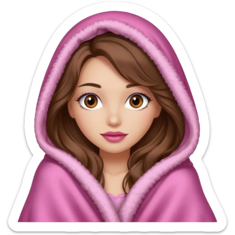 girl with long wavy brown hair, brown eyes, long lashes makeup, sexy pink lips, light to medium complexion, wearing a pink sexy silk top, big blanket over the head cozy holding a cat, remove the cat ears on the hood sticker
