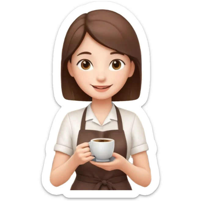 cute barista portrait, head and shoulders only, wearing apron, coffee shop uniform, friendly smile, holding a small coffee cup, 3D cartoon, mobile game icon style, clean background, no text, no watermark
 sticker