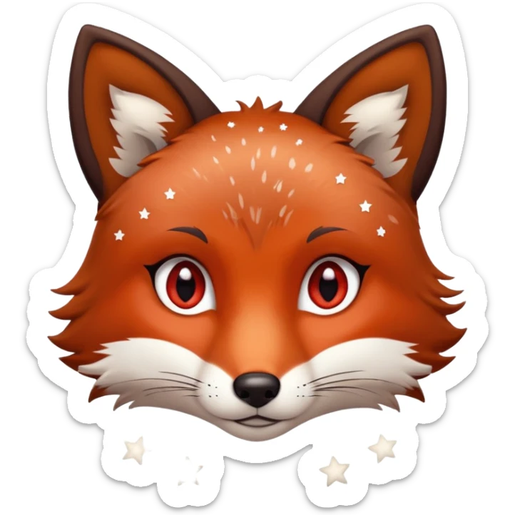 A brown fox face with a dark brown hair; white stars as freckles; red eyes  sticker