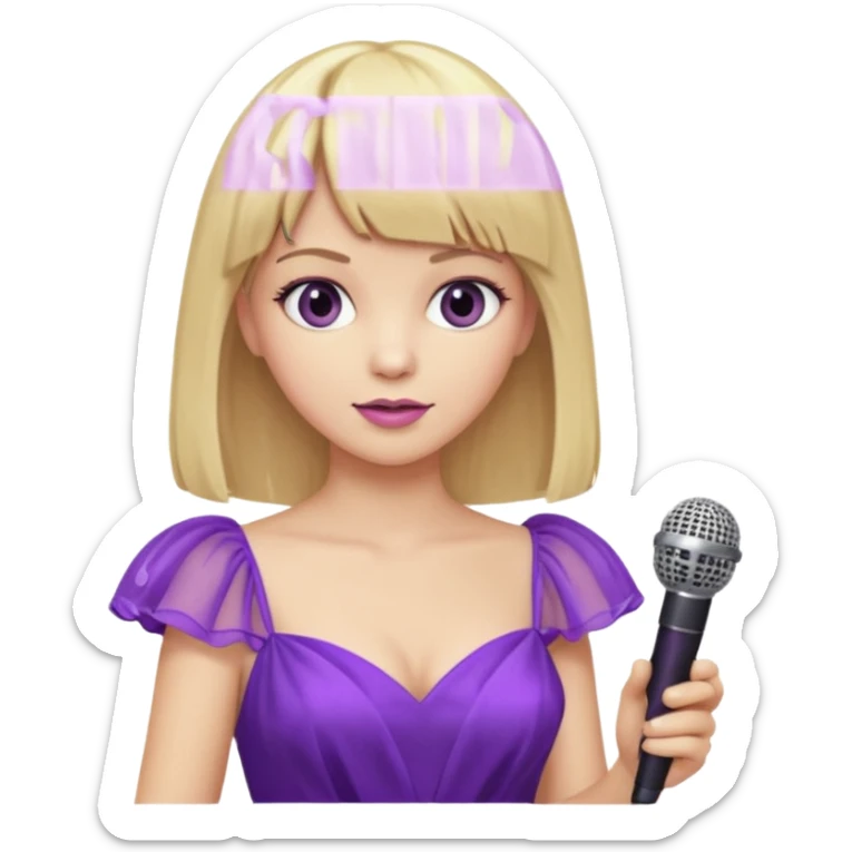 blonde woman with blonde straight hair and bangs in a purple pastry-like gown holding a microphone  sticker