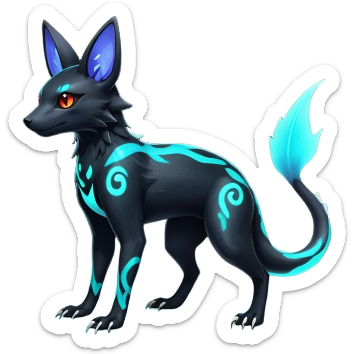 Rare realistic dark-neon glowing bioluminescent edgy badass epic pretty beautiful handsome gorgeous aesthetic colorful vibrant Vernid-Trico-Umbreon-Salandit-hybrid-species-Fakemon-creature by LiLaiRa, 4 legs, 1 tail, random markings, (full body) sticker