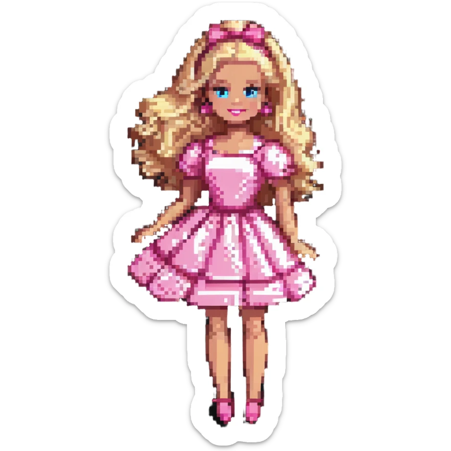 Barbie, classic doll with blonde hair, pink dress, cheerful expression, in a playful pose, pixel art style sticker