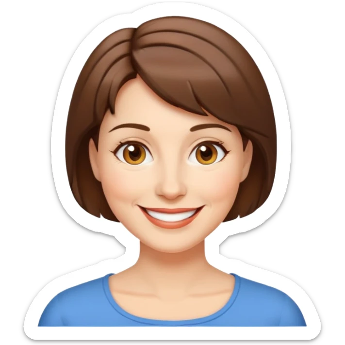 người phụ nữ tuổi, da trắng, tóc ngắn màu nâu, mặt cười tươi vui vẻ sticker