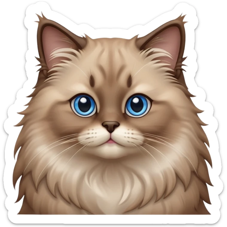 cinematic-adorable-fluffy-brown-ragdoll-cat-portrait-emoji,-head-tilted-cutely-with-big,-sparkling-blue-eyes,-soft-brown-seal-colored-fur-with-darker-points-on-the-ears,-face,-and-paws,-simplified-yet-irresistibly-adorable-features, sticker