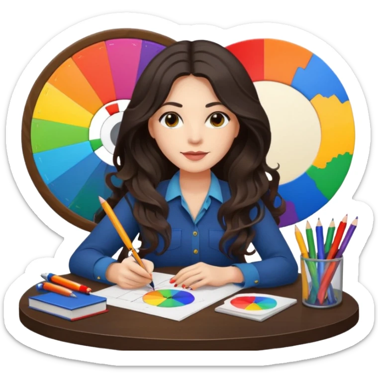 female dark wavy long hair graphic designer , big color wheel behind , pens, papers, desktop sticker
