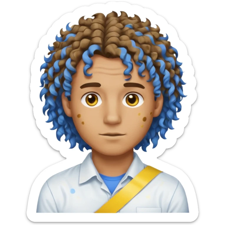 Make me an emoji that has a guy with a white shirt and yellow tape around the shirt with brown and blue spots hair make the hair curly make the yellow tape go around it sticker