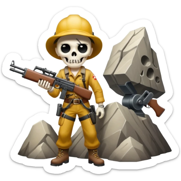 Yodeling mountain climber in Switzerland with a machine gun pointing to the right, full body, in the style of your bleeding skull art sticker