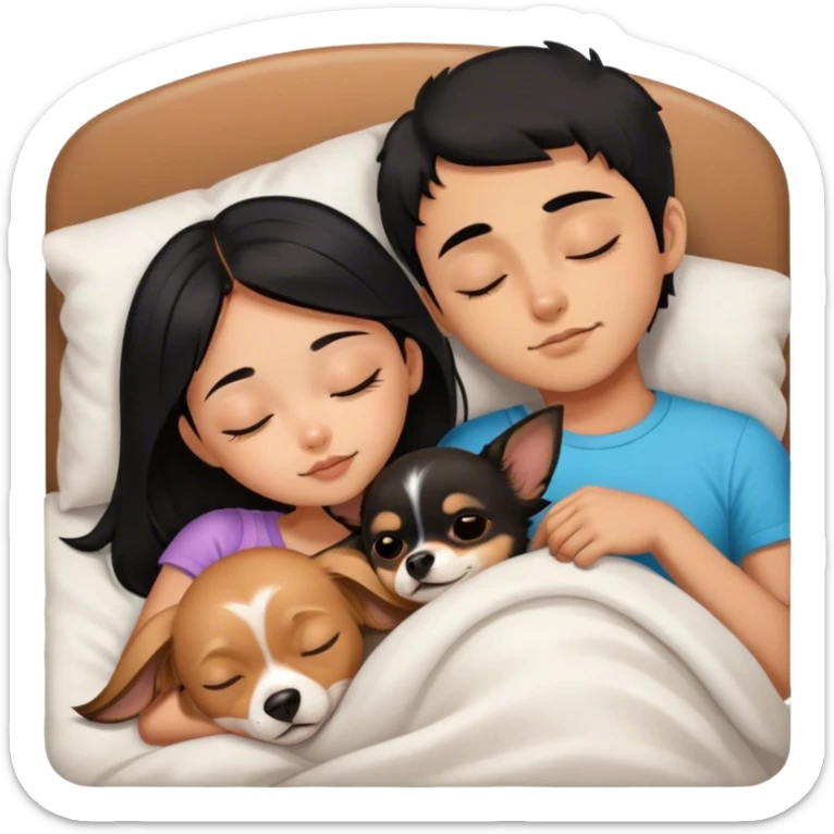 Coquette teenage cute asian black hair girl sleeping with brown longhair chihuahua and brazilian-guy, short-beard, short-black-hair sticker