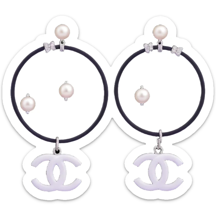 glossy 3D emoji-style black and white hoop earrings with pearl accents and small silver Chanel logo charm, elegant sticker