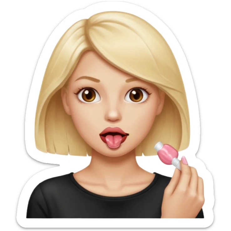 Elle fais une peu petasse, elle se mord le coin la lèvres. Elle est blonde. Ongles vernis marrons. Elle mâche un chewing-gum  sticker