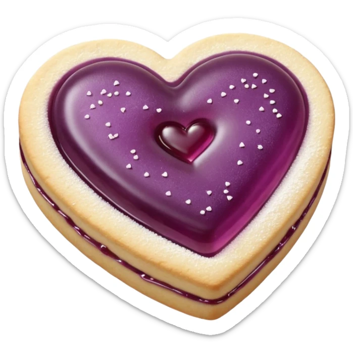 Realistic shortbread cookie in the shape of a heart with mauve jelly middle filling and sprinkled powder sugar on top. sticker