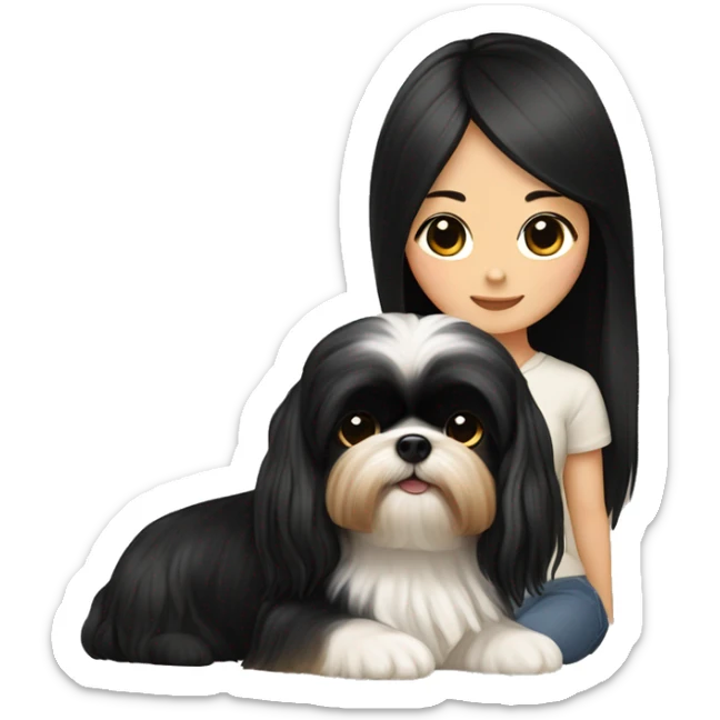 long black hair korean girl with her beige and black shih tzu yorkie. The dog has short floppy ears and has light distinct eyebrows  sticker