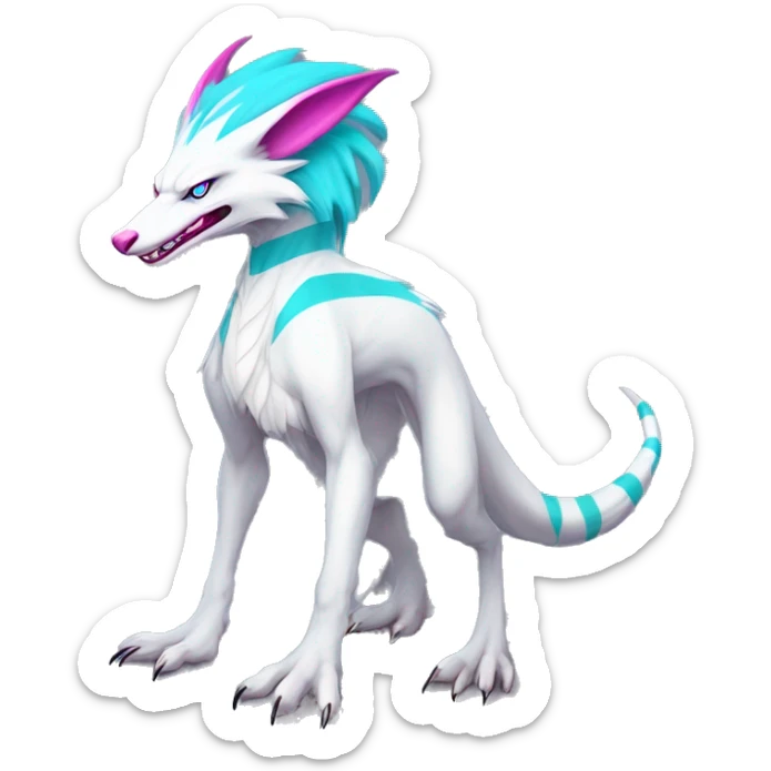 White elegant beautiful natural cute badass epic anthro modern albino sergal-vernid-Fakémon with cyan mane and magenta eyes with cyan edgy stripes, anthropomorphic, two-legged, digitigrade, full body sticker