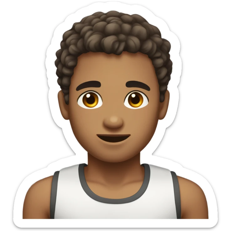 Boy with shaved hair on the sides and curly hair on top, dark brown eyes, wearing tank top sticker