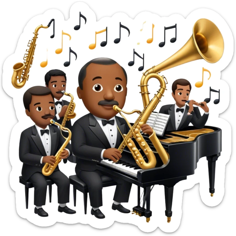 Icon for Jazz Music: Count Basie Orchestra, with Count Basie at the piano surrounded by jazz musicians playing instruments like saxophones, trumpets, and drums. Floating musical notes should capture the energetic and smooth vibe of big band jazz. Transparent background. sticker