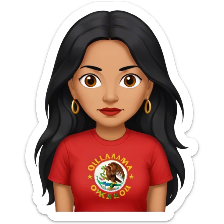 Realistic 50 year old Mexican woman long hair in a red “OKLAHOMA” t-shirt sticker