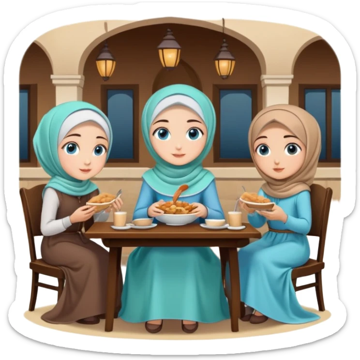 Turkish beautiful finish Konya girls blue eyes with lovely dark mint hijab long tail dress and the two friends sits on the chair on the ground and eating the food in the restaurant  sticker