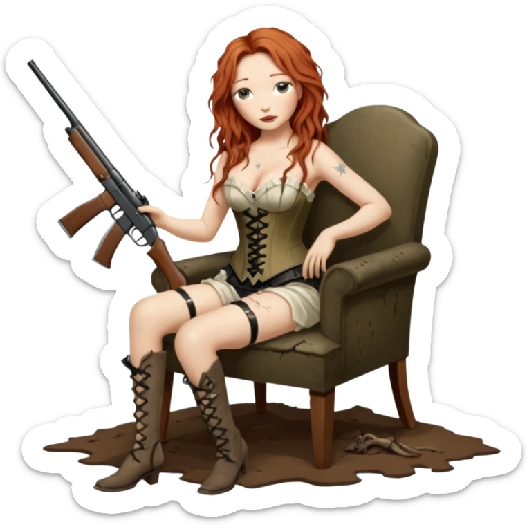 realistic cinematic Tori Amos sits on a rocking chair in a torn corset, holding an antique rifle and her bare feet are muddy. A white snake is wrapped around the chair. sticker