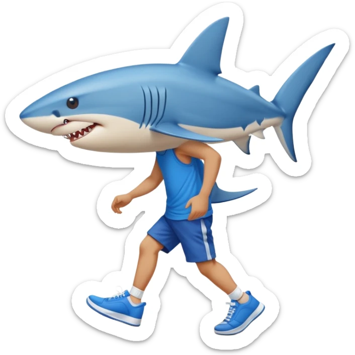 a blue shark wearing blue Sneakers walking in front of the beach sticker
