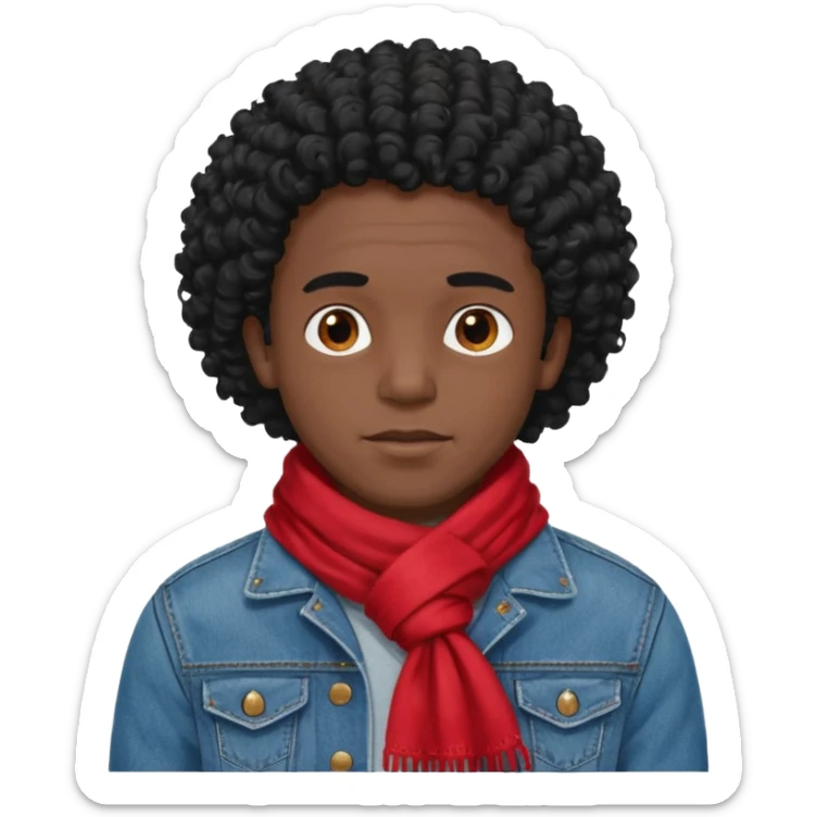 black skin man, curly black hair wear red scraft, jean jacket sticker